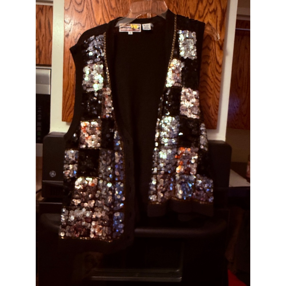 Westport Women's Black Sequin Checkerboard Open Front Vest Size S‎
